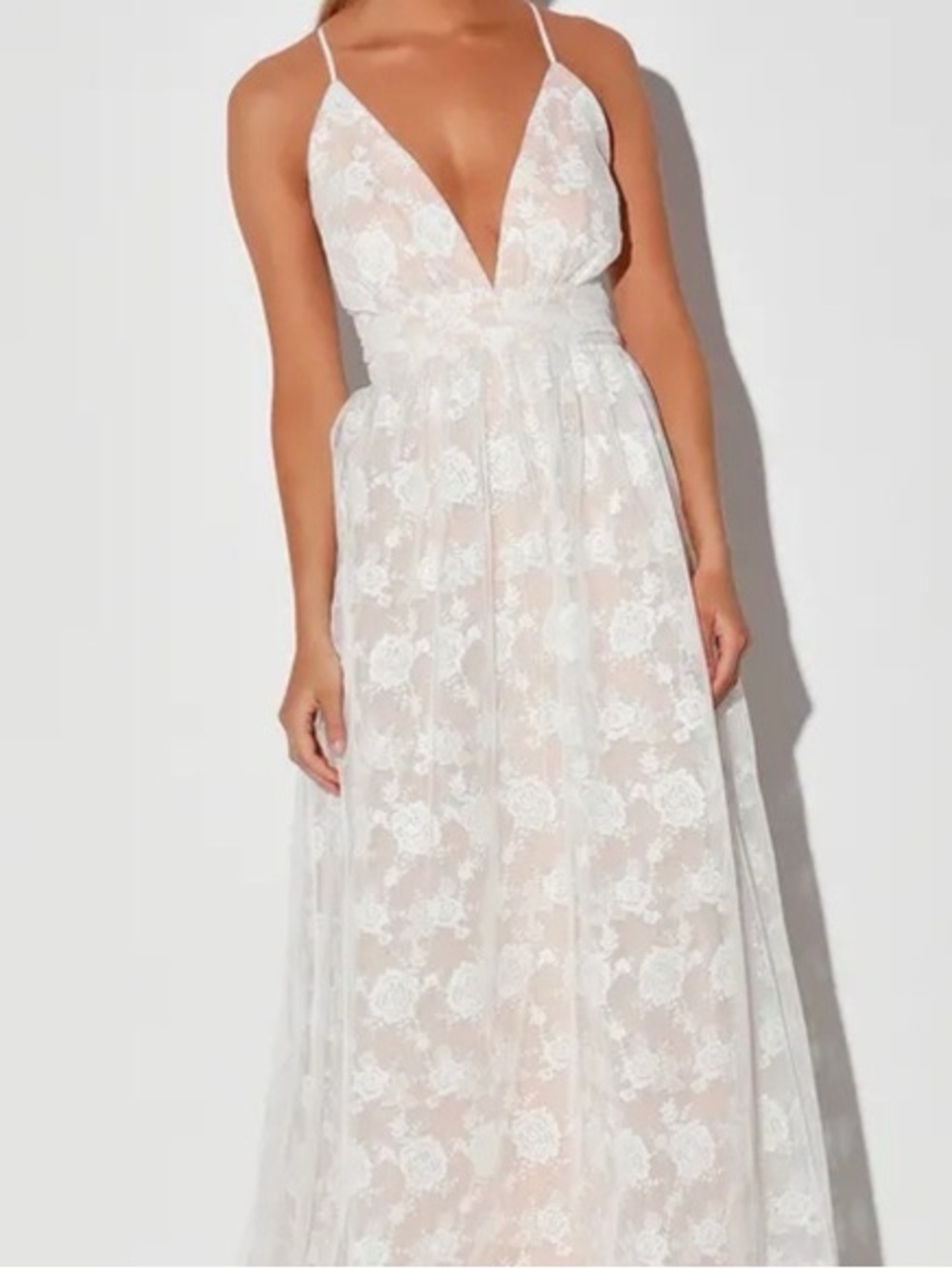 Lulu's White Lace Maxi Dress with Nude Lining